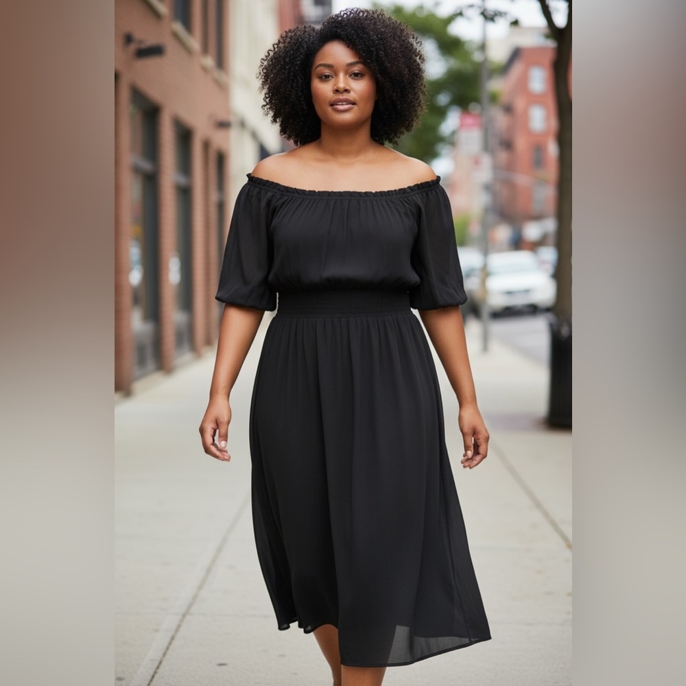 Lane Bryant Black Off-Shoulder Midi Dress - Picture 1 of 4
